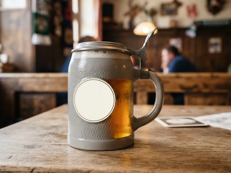 Grauer Steinkrug mit Bier auf einem Wirtshaustisch