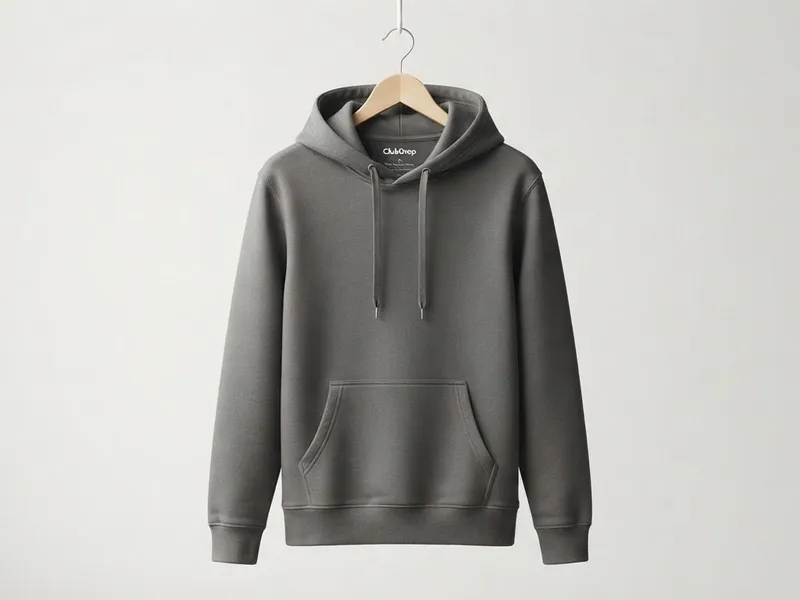 Grauer Kapuzenpullover auf einem Kleiderbügel