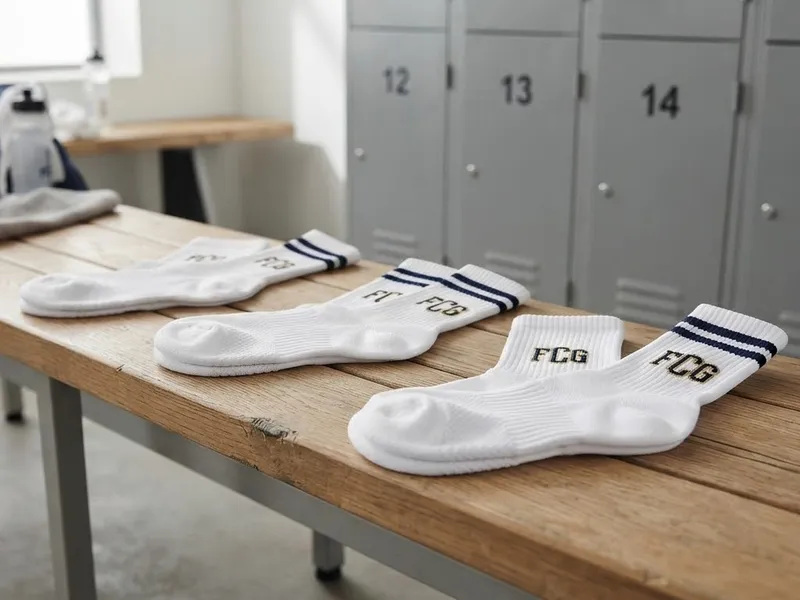 Weiße Sportsocken mit Vereinskürzel auf einer Umkleidebank