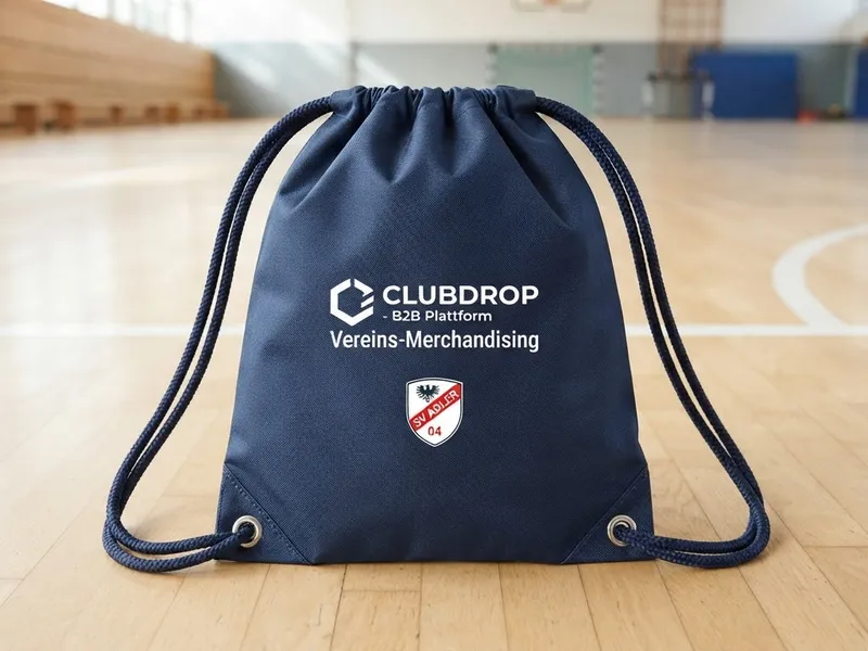 Dunkelblauer Turnbeutel mit Logo auf einem Hallenboden